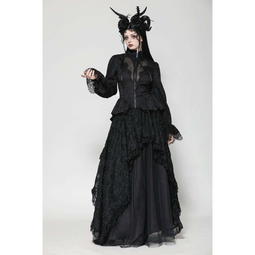 Dark in Love Felicity Gothic Lace Zip Up Tailcoat Shirt – Black
