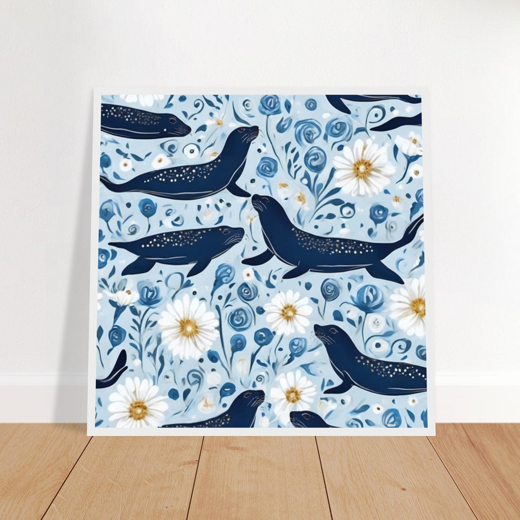 Whimsical Seal and Daisy Framed Wall Art – Coastal Nature Print, Ready to Hang