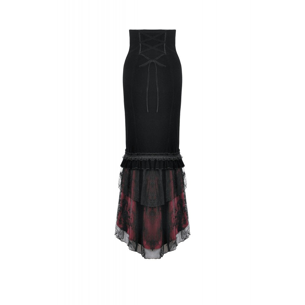 Dark in Love Gothic Velvet Mermaid Skirt – Elegant Red Lace Trim