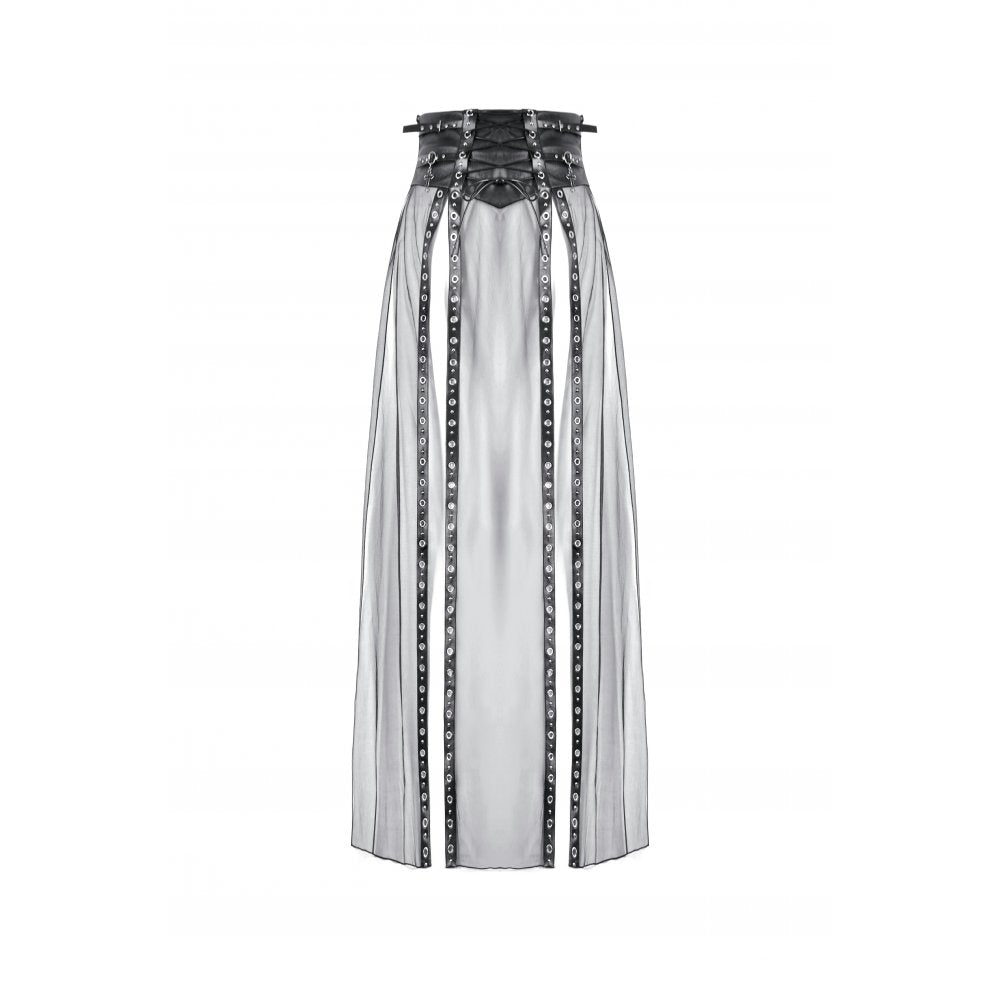 Dark in Love Gothic Sheer Mesh Maxi Skirt with PU Corset Belt - Black