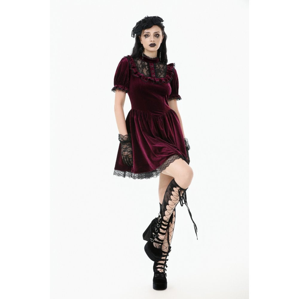 Dark in Love Ophelia Burgundy Velvet Goth Dress with Lace Collar