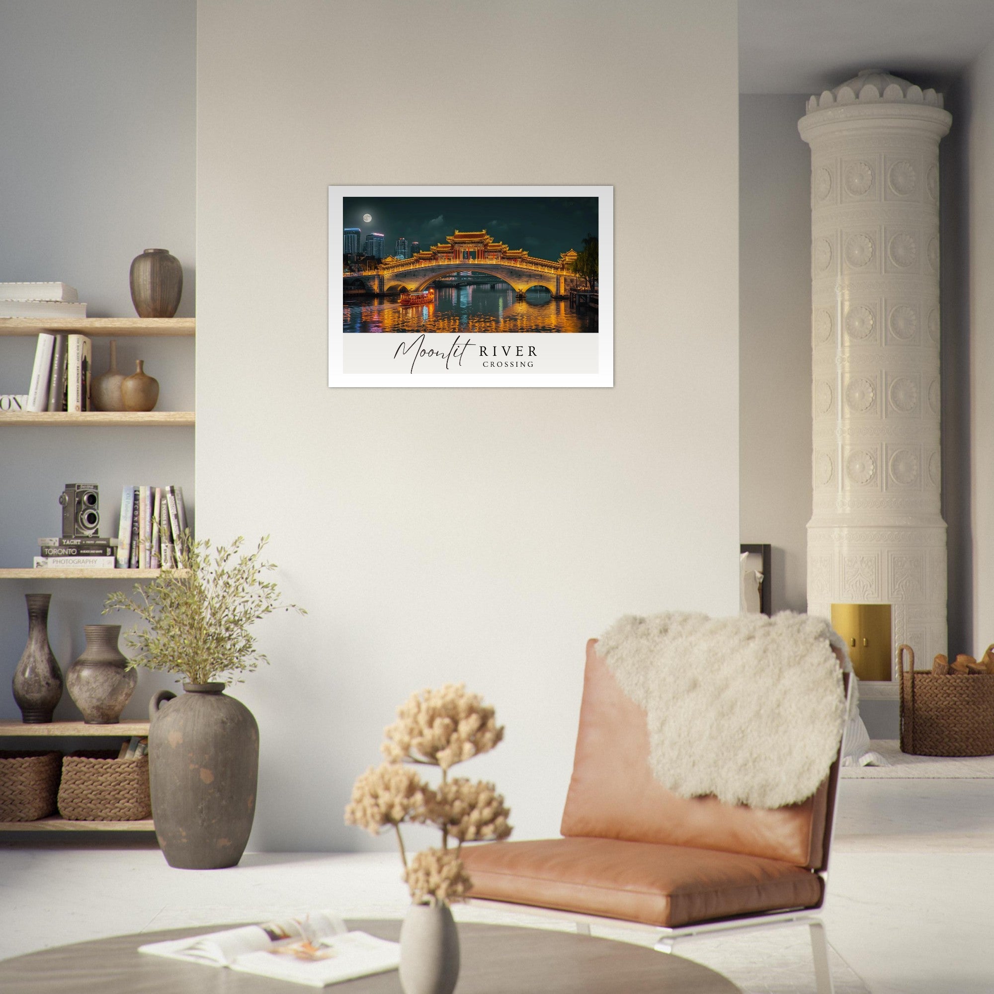 Moonlit River Crossing Poster - Illuminated Bridge Night Scene - Modern Landscape Wall Art Print