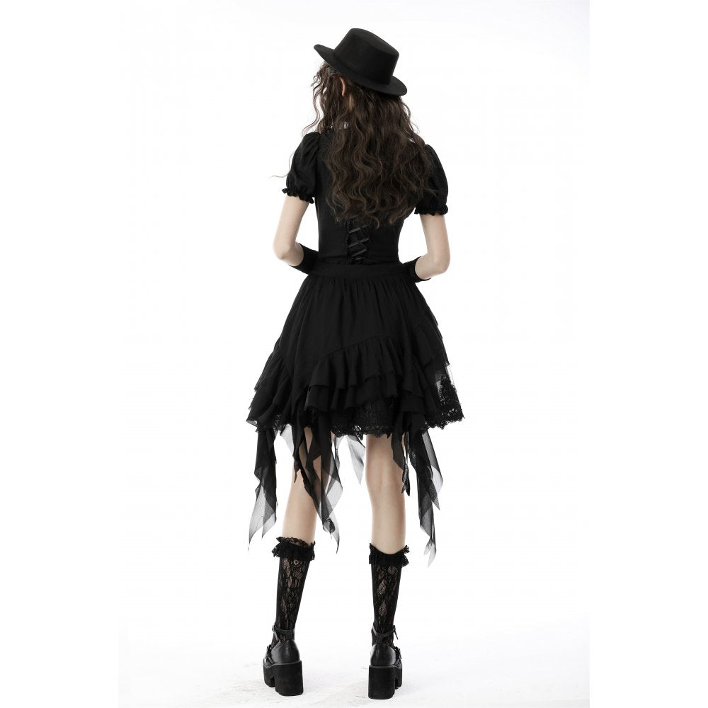 Dark In Love Sinead Black Gothic Blouse – Short Puff Sleeve Ruffle Collar