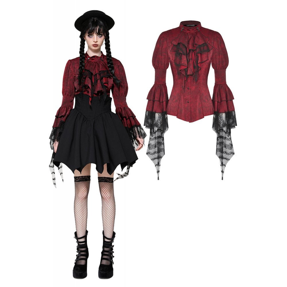 Dark in Love Vampiretta Red Distressed Frilly Blouse with Lace