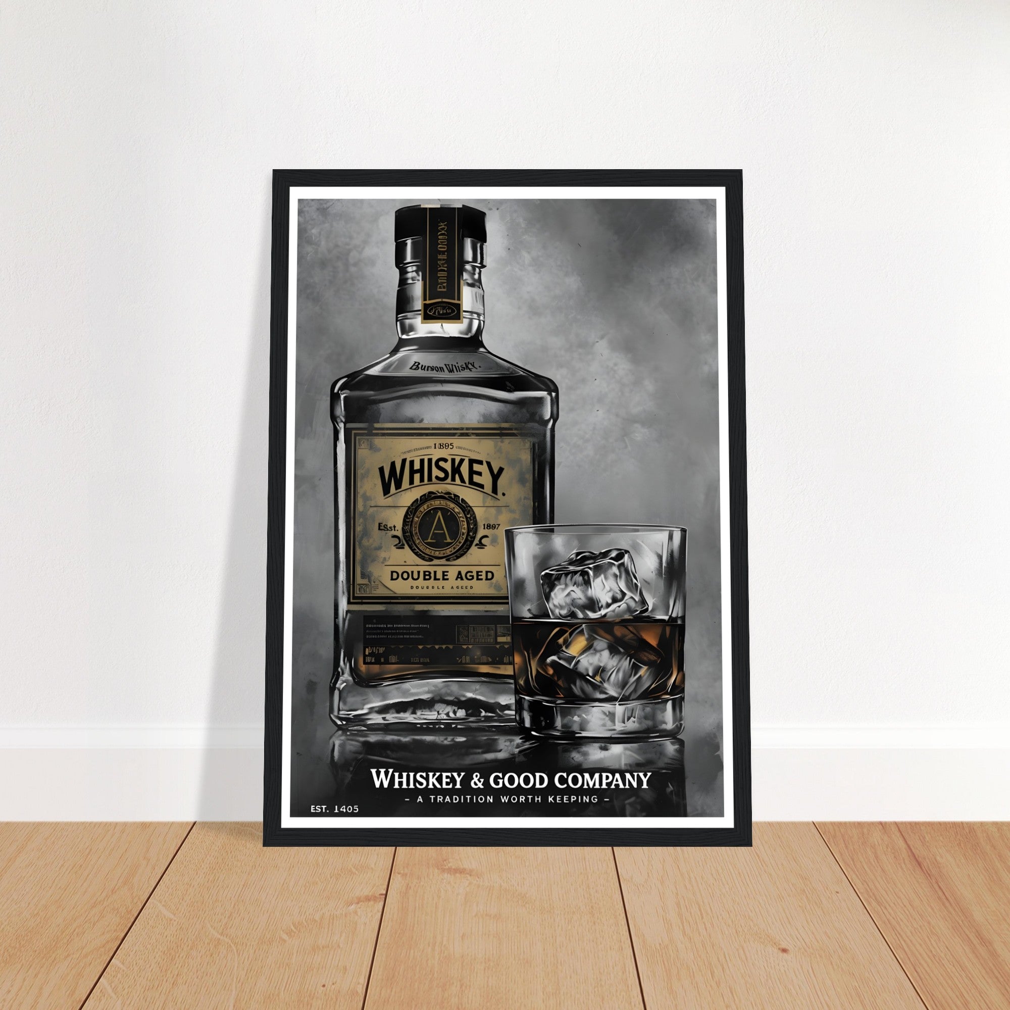 Noir Whiskey Bottle Framed Poster – Sophisticated Wall Art for Home Bars & Lounges