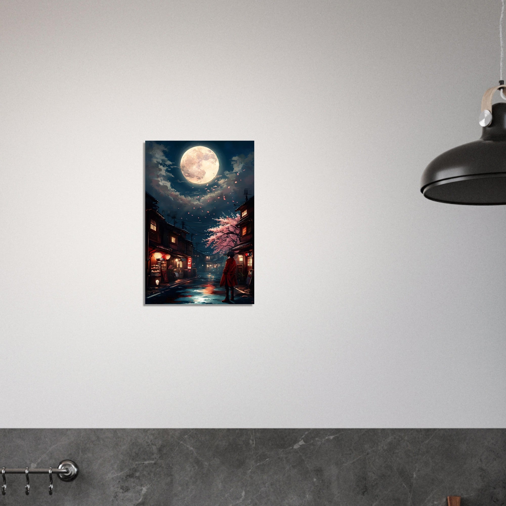 Japanese Cityscape Night Poster – Urban Glow Under the Moon