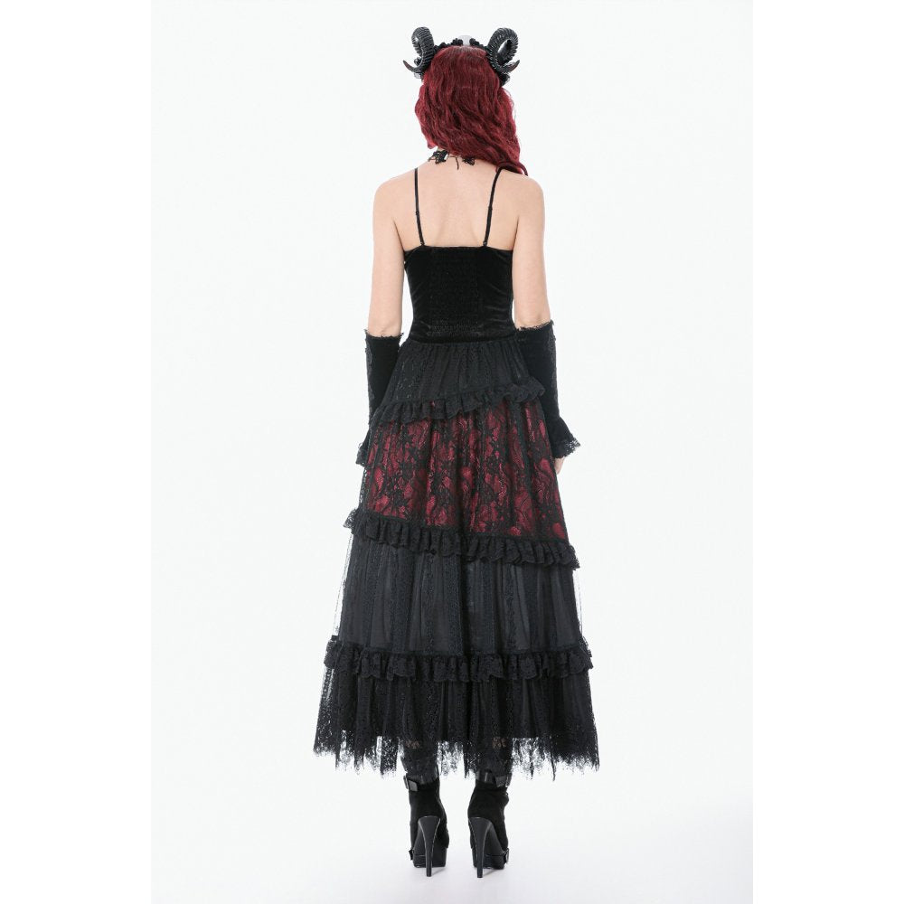 Dark in Love Spliced Lace Maxi Skirt – Gothic Black and Red Layered