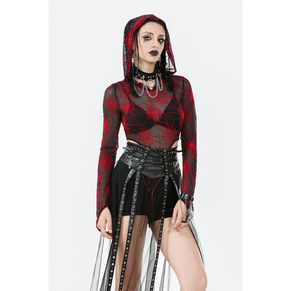 Dark in Love Gothic Sheer Mesh Maxi Skirt with PU Corset Belt - Black