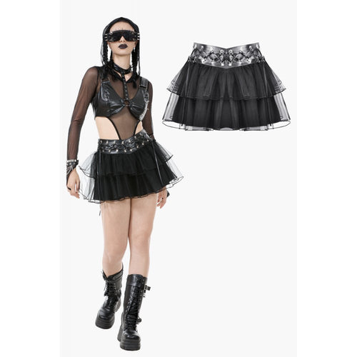 Dark in Love Black Tulle Layered Goth Mini Skirt with Studded Waist