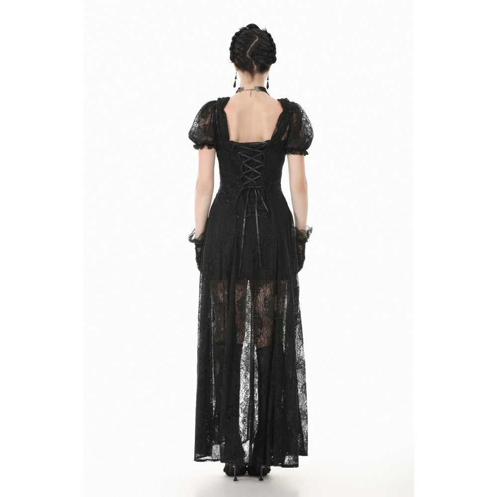 Dark in Love Morwenna Black Lace Gothic Maxi Dress with Train
