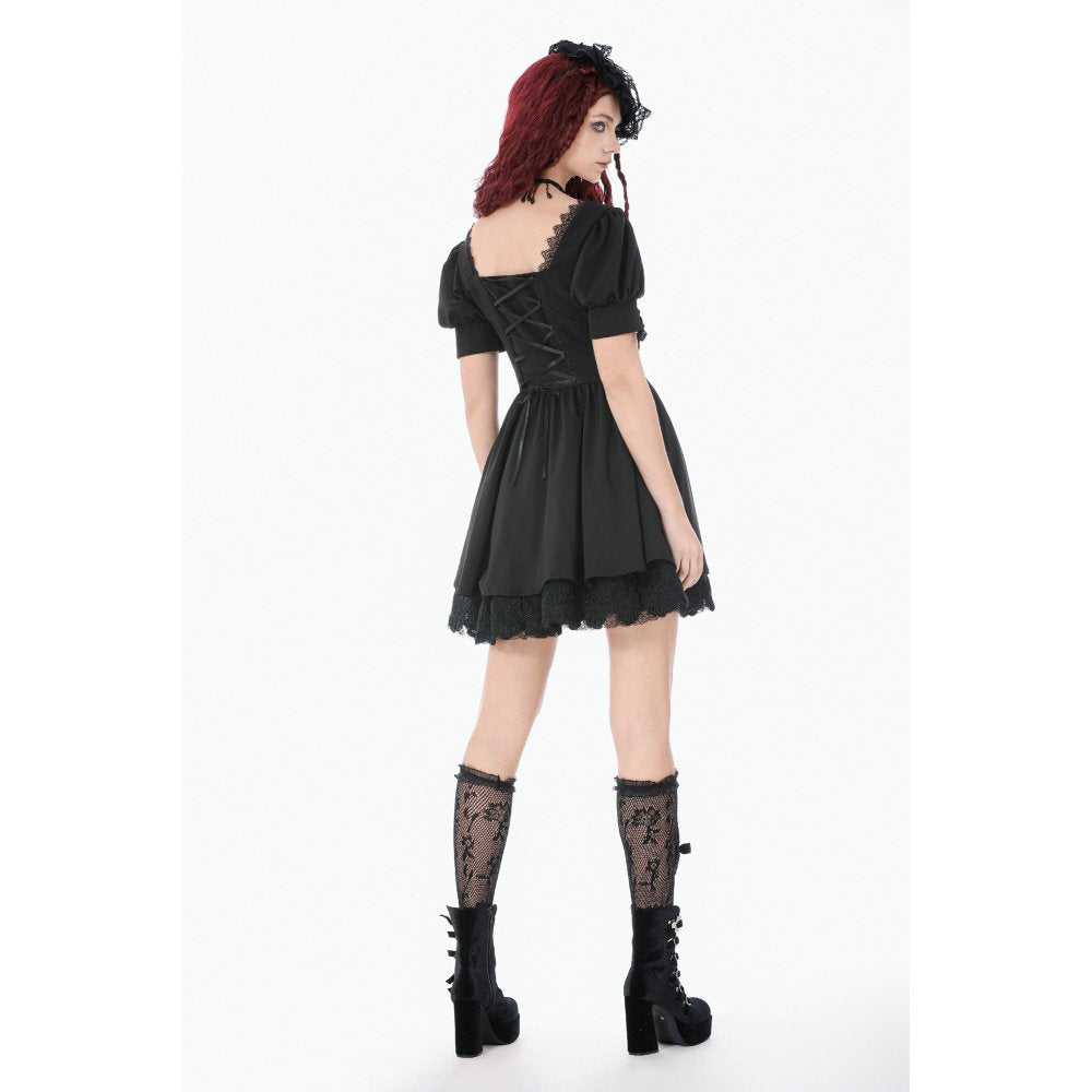 Dark in Love Gothic Lace Square-Neck Puff Sleeve Dress – Black