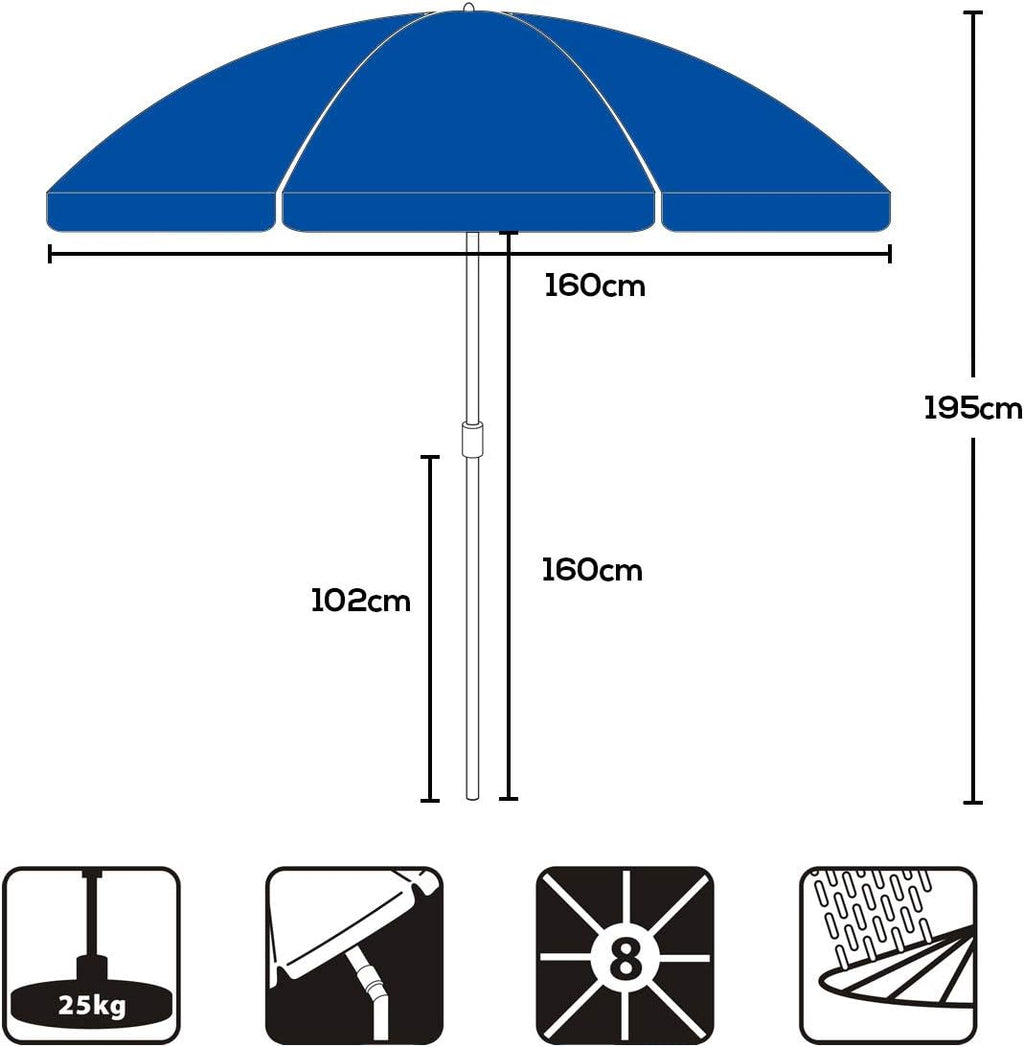Sekey 1.6m Tilting Beach Umbrella | UV20+ Portable Sun Shelter – Blue