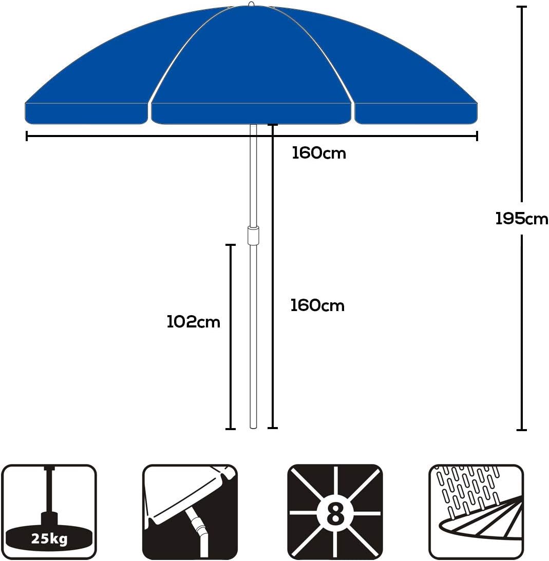 Sekey 1.6m Tilting Beach Umbrella | UV20+ Portable Sun Shelter – Blue