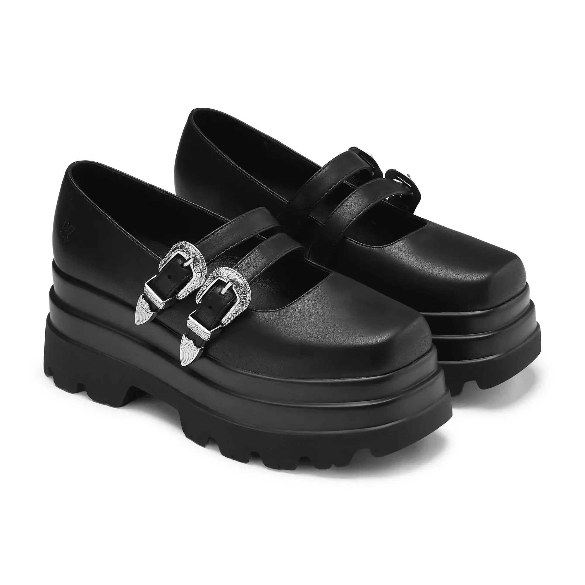 Koi Damona Trident Black Platform Mary Janes with Ornate Buckles