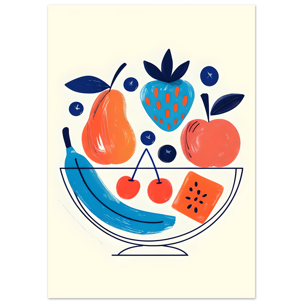 Modern Fruit Bowl Poster - Scandinavian Kitchen Wall Art - Colorful Food Illustration Print