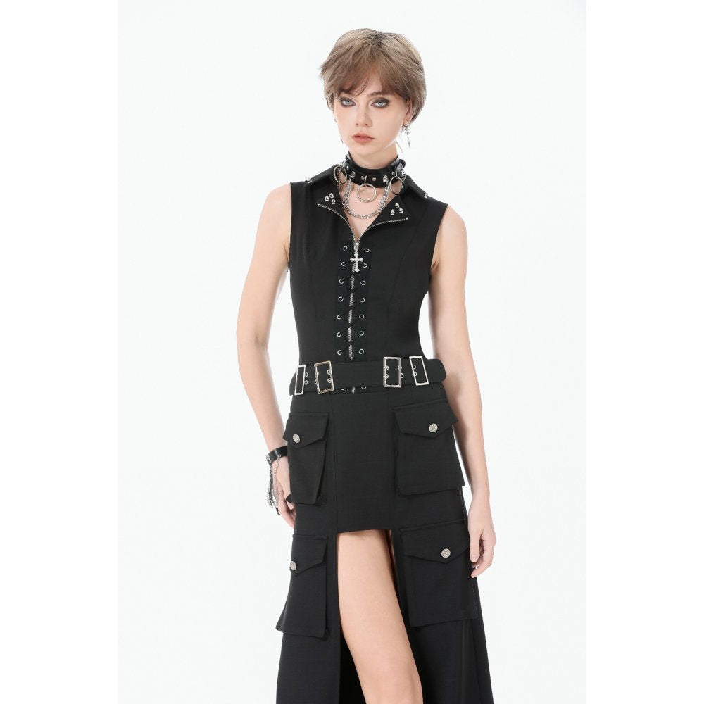 Dark in Love Black Punk Long Skirt – Layered Cutout Belted Gothic Skirt