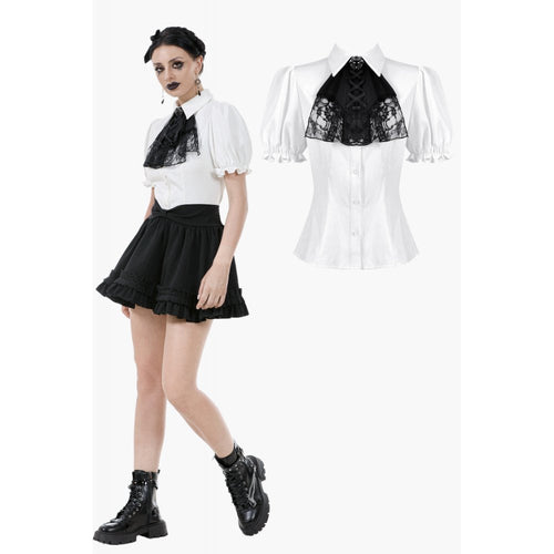 Dark in Love Elysia White Goth Blouse – Victorian Ruffle Puff Sleeve