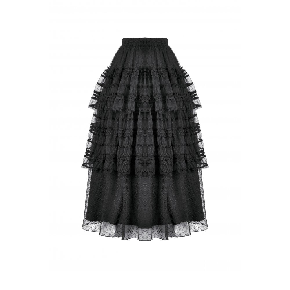 Dark in Love Morticia Gothic Velvet & Lace Tiered Skirt in Black