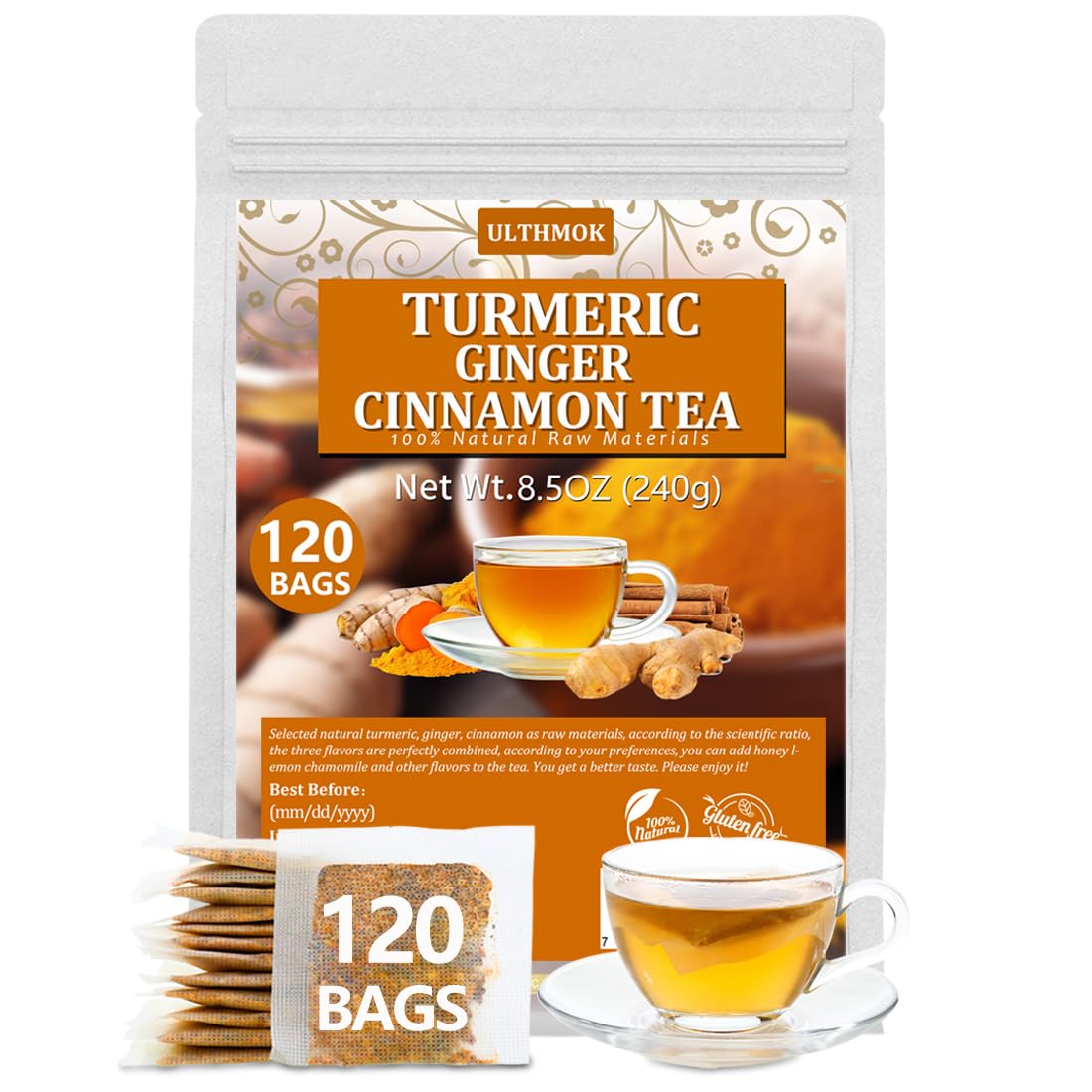 Turmeric Ginger Cinnamon Herbal Tea - 120 Natural Tea Bags