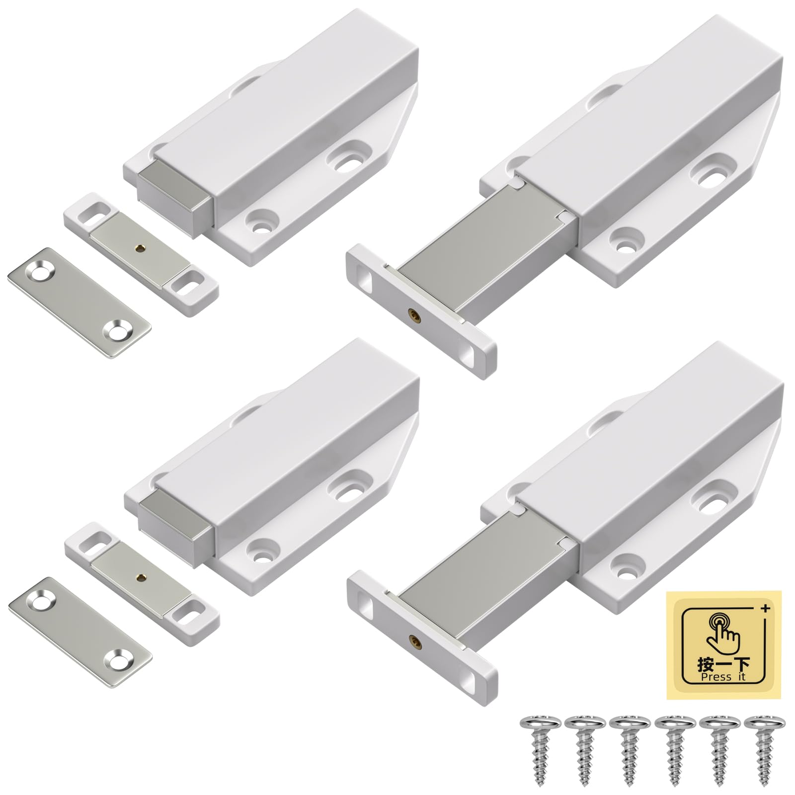 Magnetic Push to Open Cabinet Door Catches - White, 4 Pack