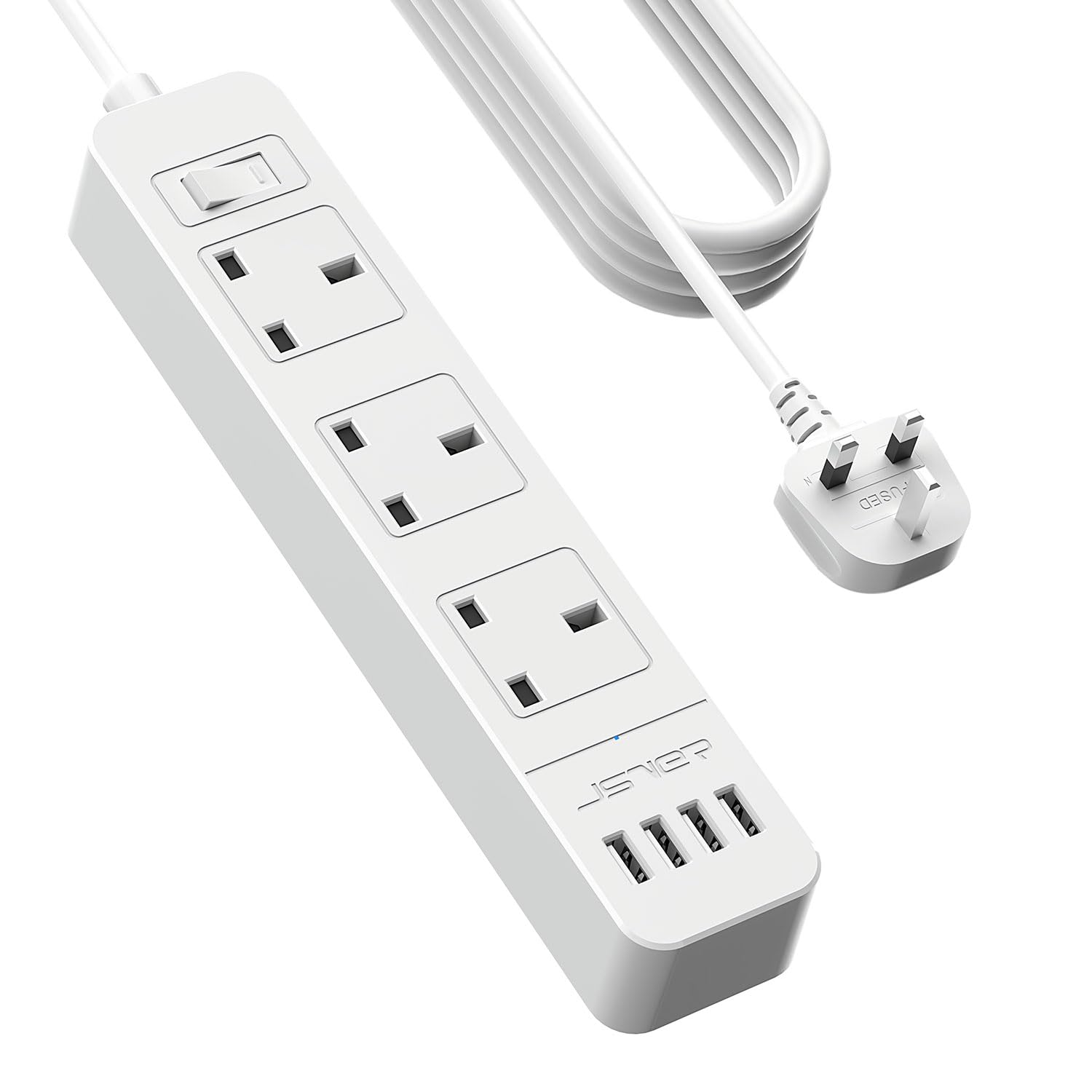 JSVER Extension Lead with 3 Outlets and 4 USB Ports, 5M Cable – White