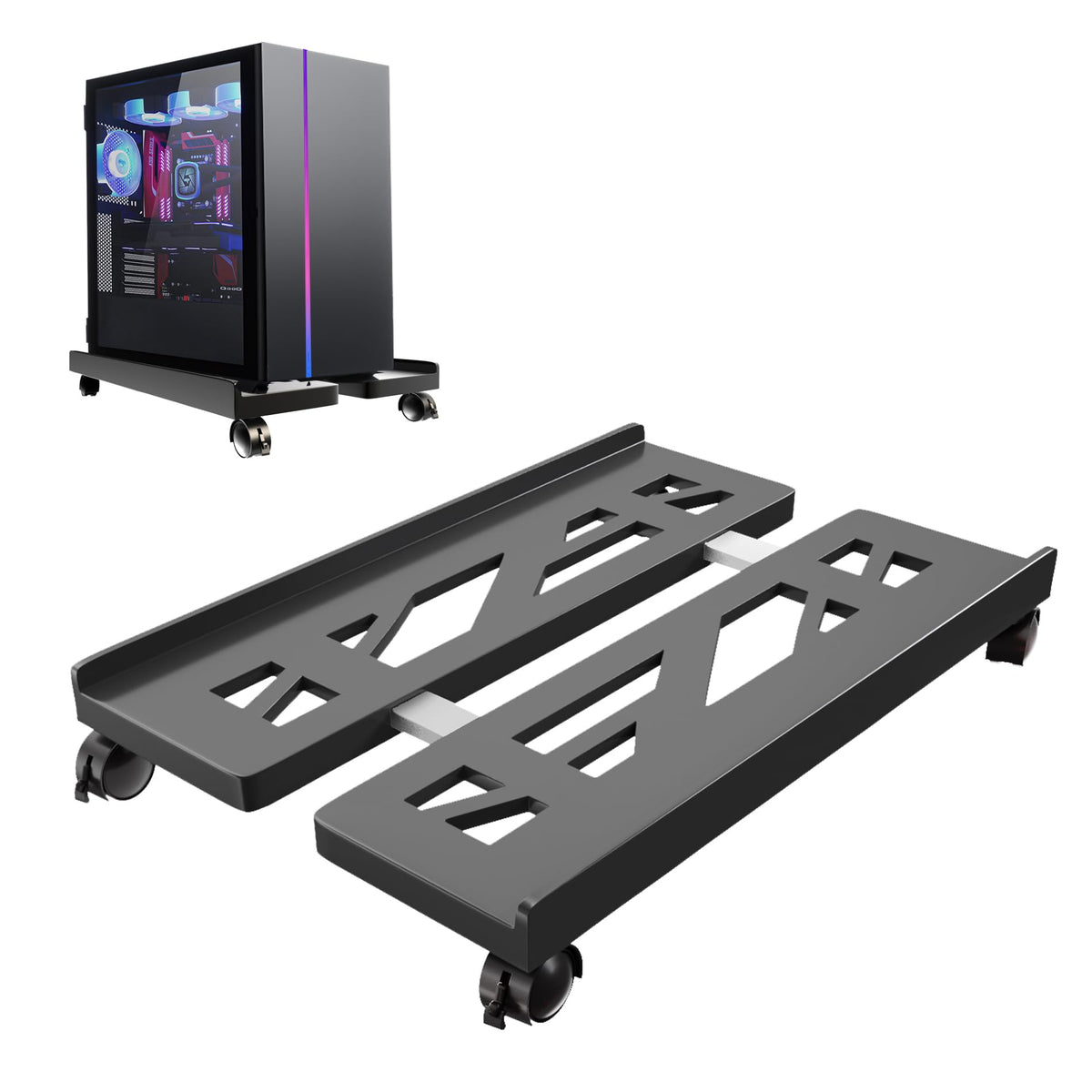 Qcdou Adjustable Mobile CPU Stand - Ventilated Tower Stand with 4 Caster Wheels, Fits Most PC, for Floor Carpet Gaming PC Case Black
