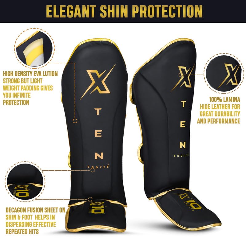 XTEN SPORTS Muay Thai Shin Guards | Gel Padded Leather Gear - Golden, XL