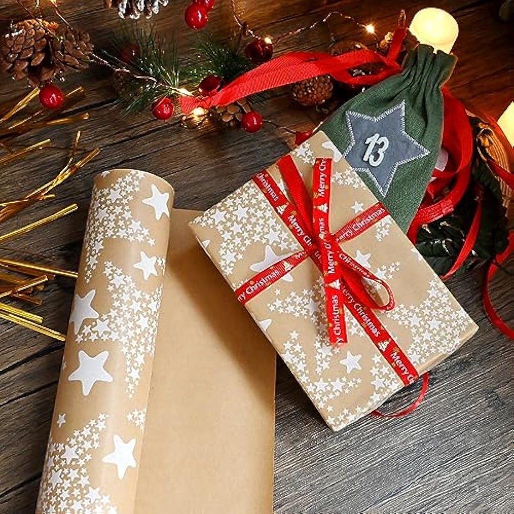 Topeedy White Star Kraft Gift Wrapping Paper Roll - 43cm x 15m Recycle