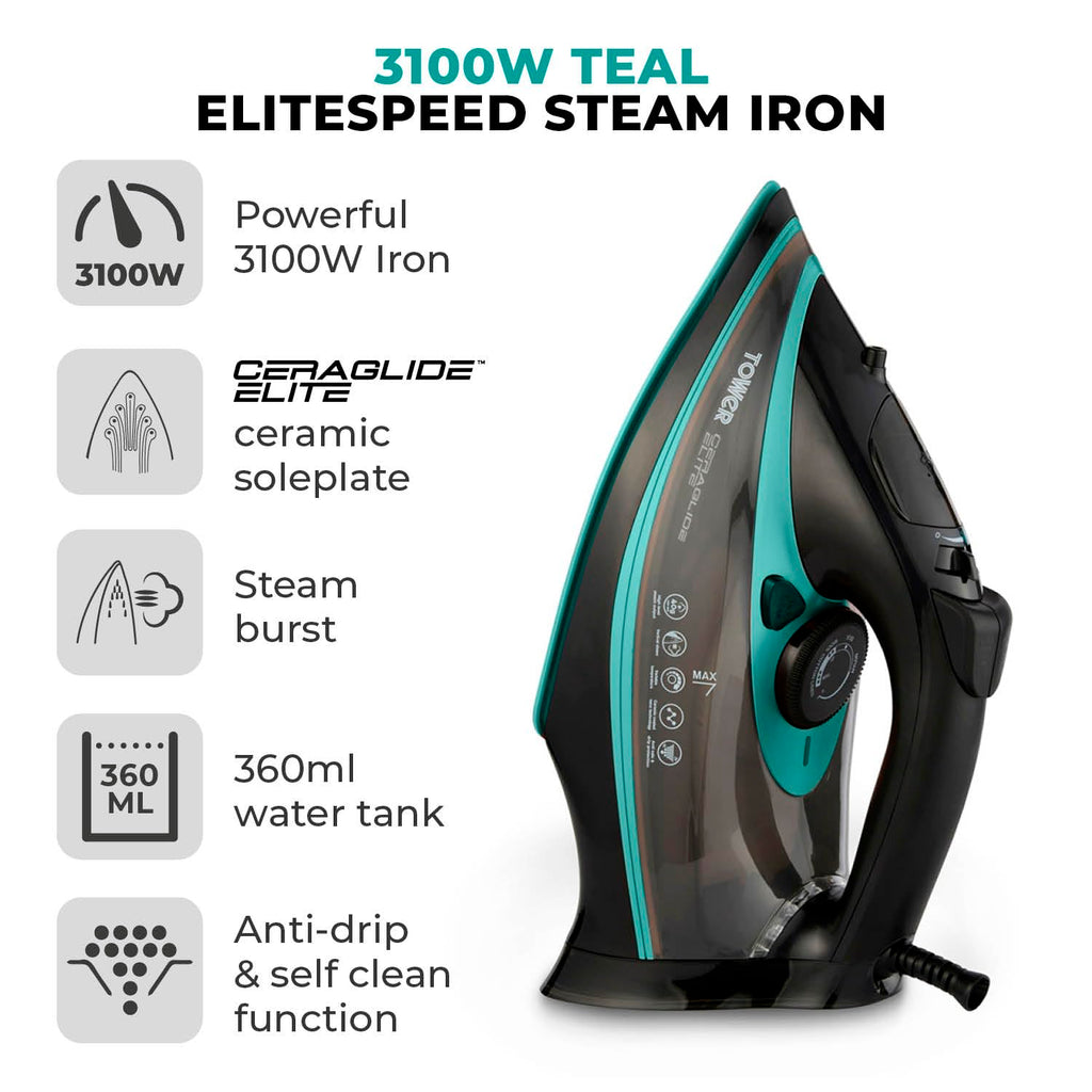 Tower CeraGlide 3100W Steam Iron with Ceramic Soleplate – Black & Teal