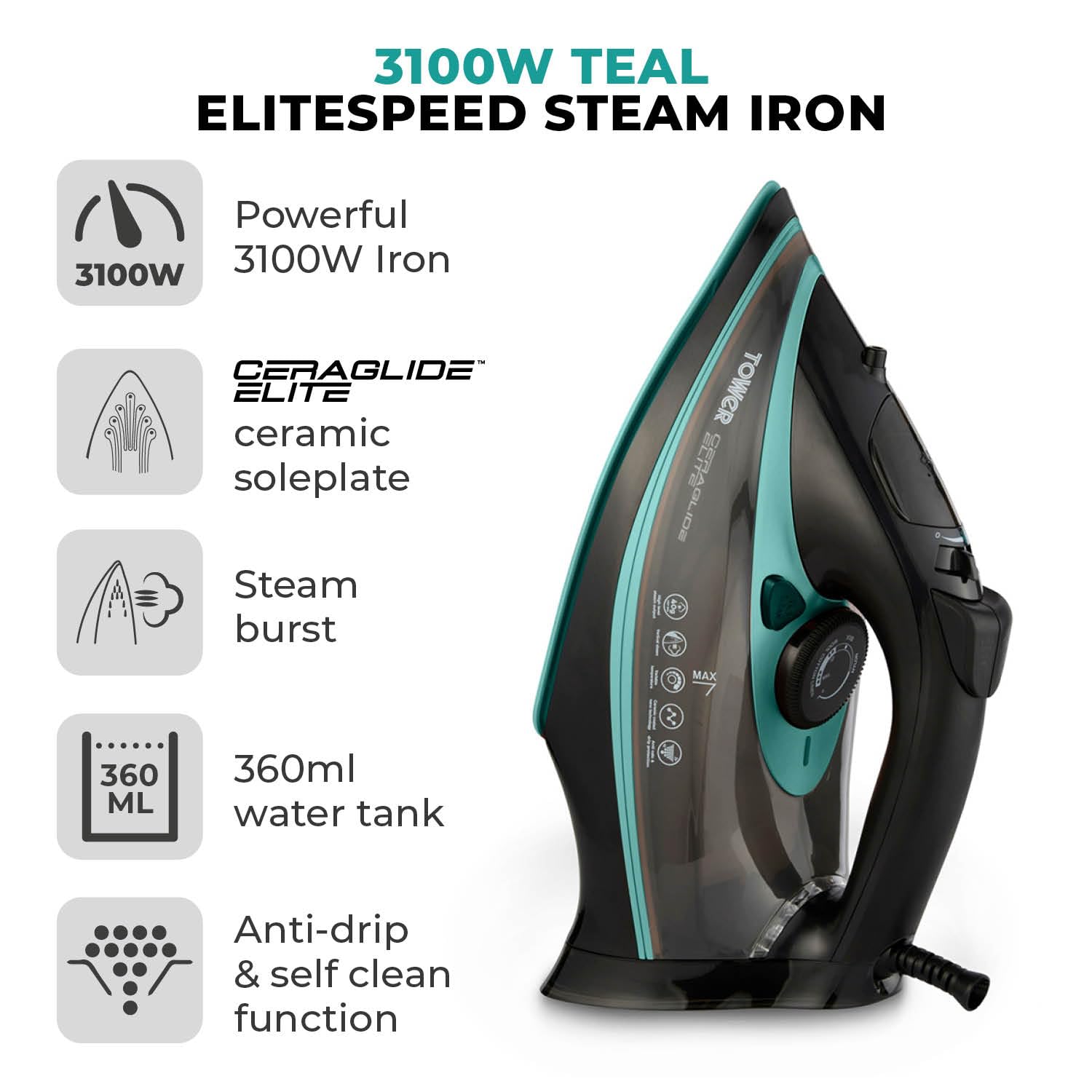Tower CeraGlide 3100W Steam Iron with Ceramic Soleplate – Black & Teal
