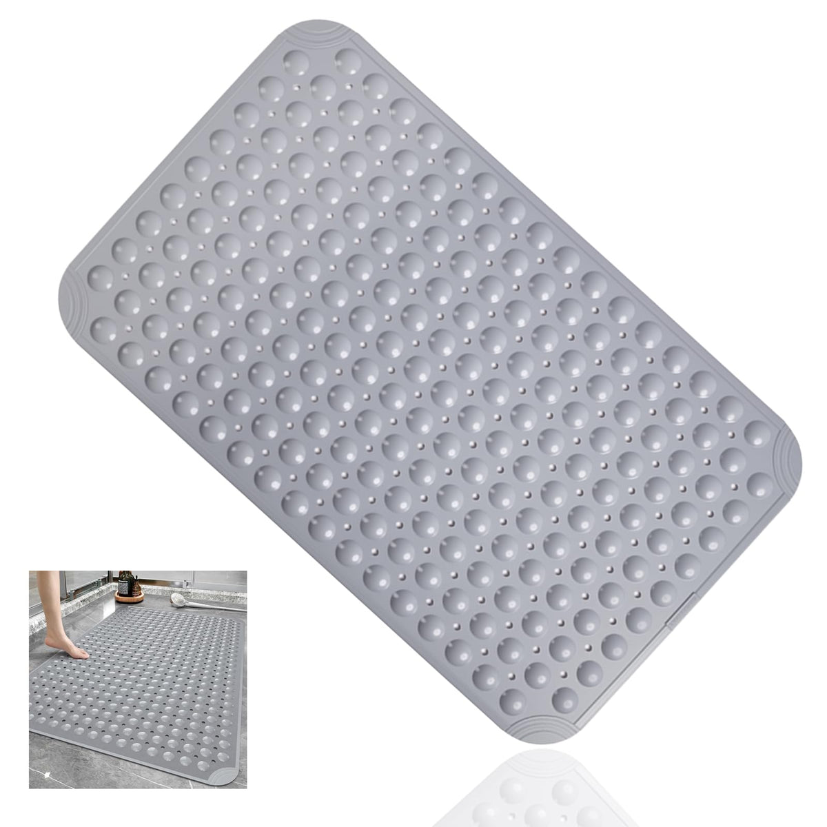 Non Slip Extra Large Shower Mat, 60 x 90 cm Anti Mould Long Bath Mat TPE Shower Mats for Inside with Drain Holes and Suction Cups Gray
