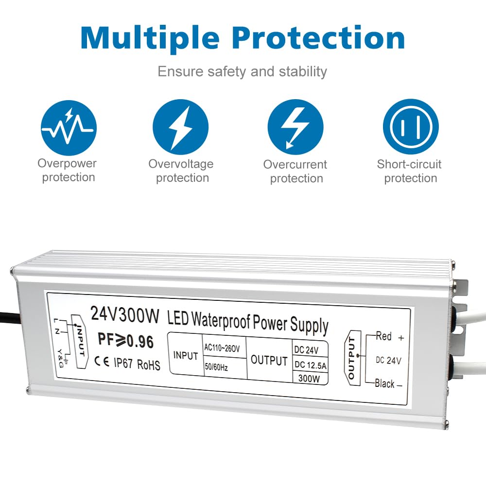 inShareplus 24V 300W LED Power Supply | IP67 Waterproof Outdoor Driver