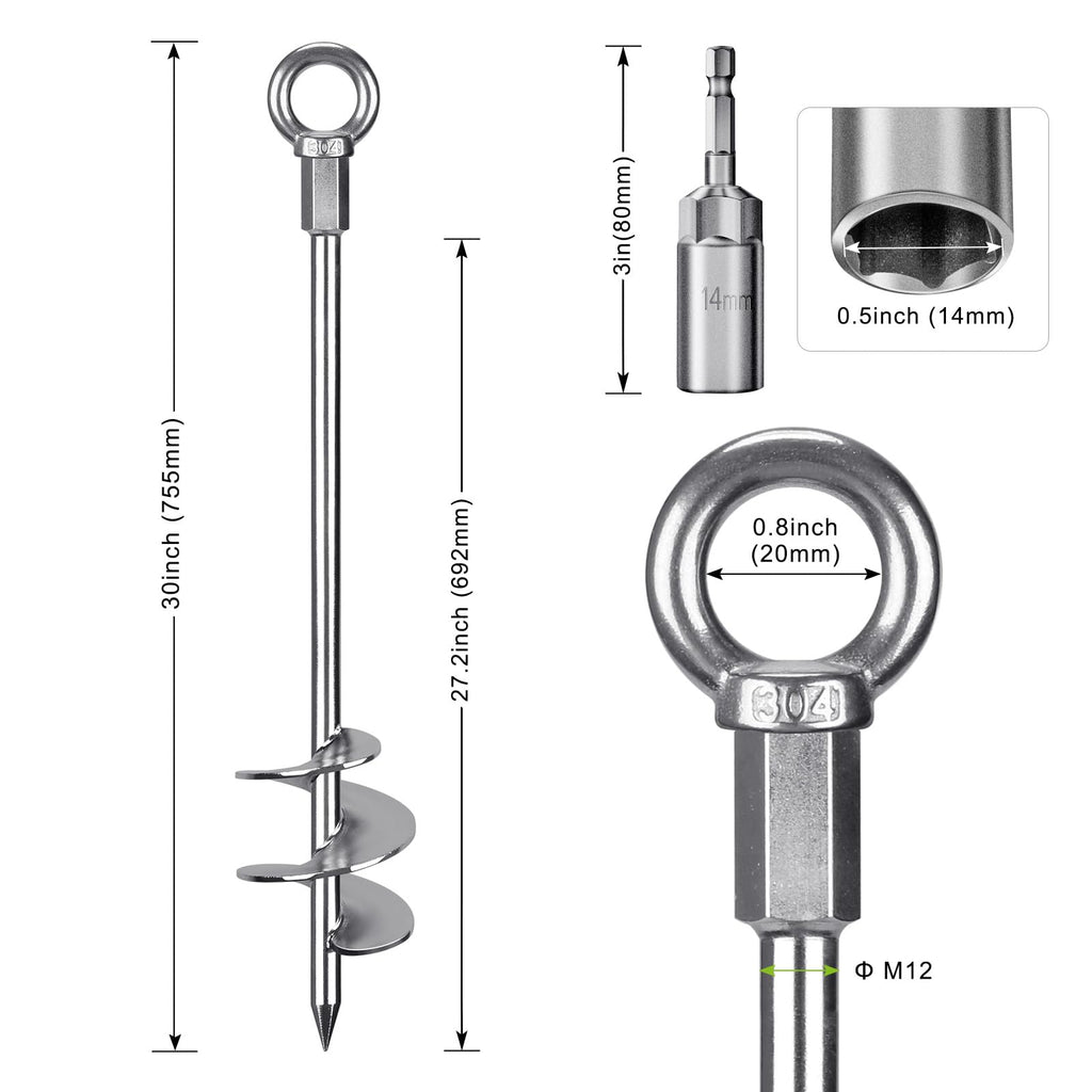 Insaga 30" Ground Anchors – 4pc Heavy Duty Steel Spiral Earth Anchors