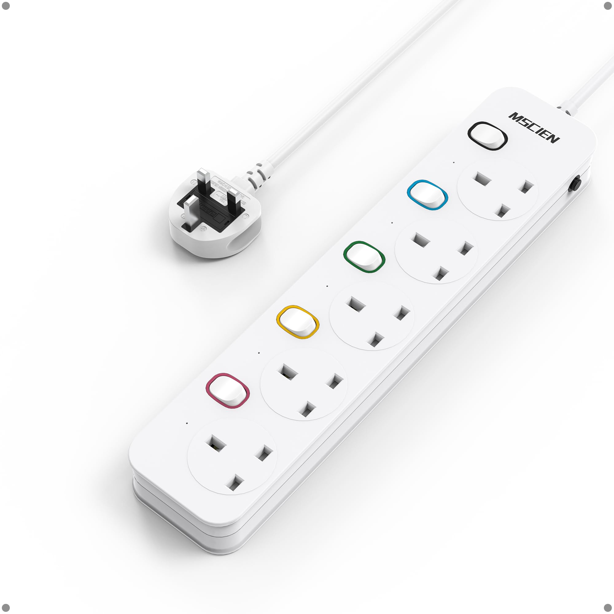 Mscien 5 Way Extension Lead 3M - Wall Mounted Power Strip with Switches