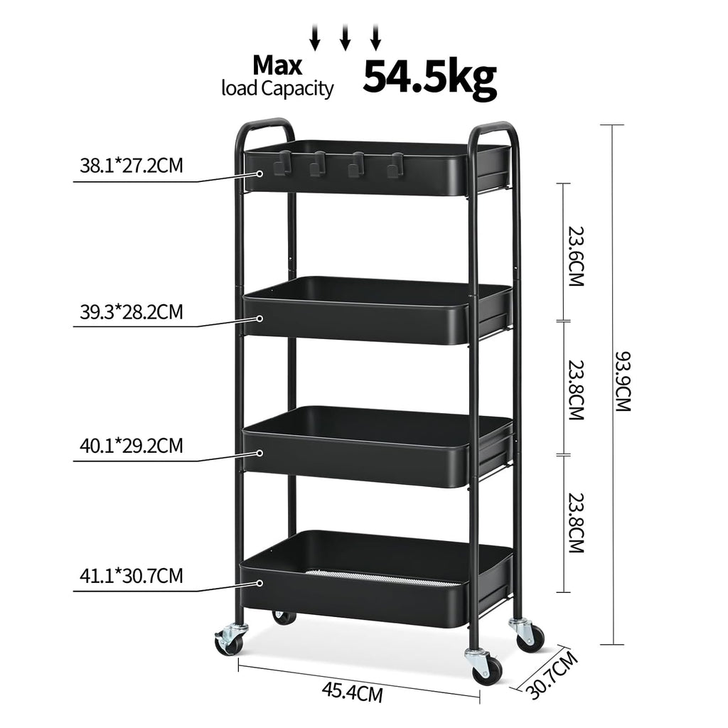 KINGRACK 4-Tier Metal Rolling Utility Cart with Wheels and Hooks – Black