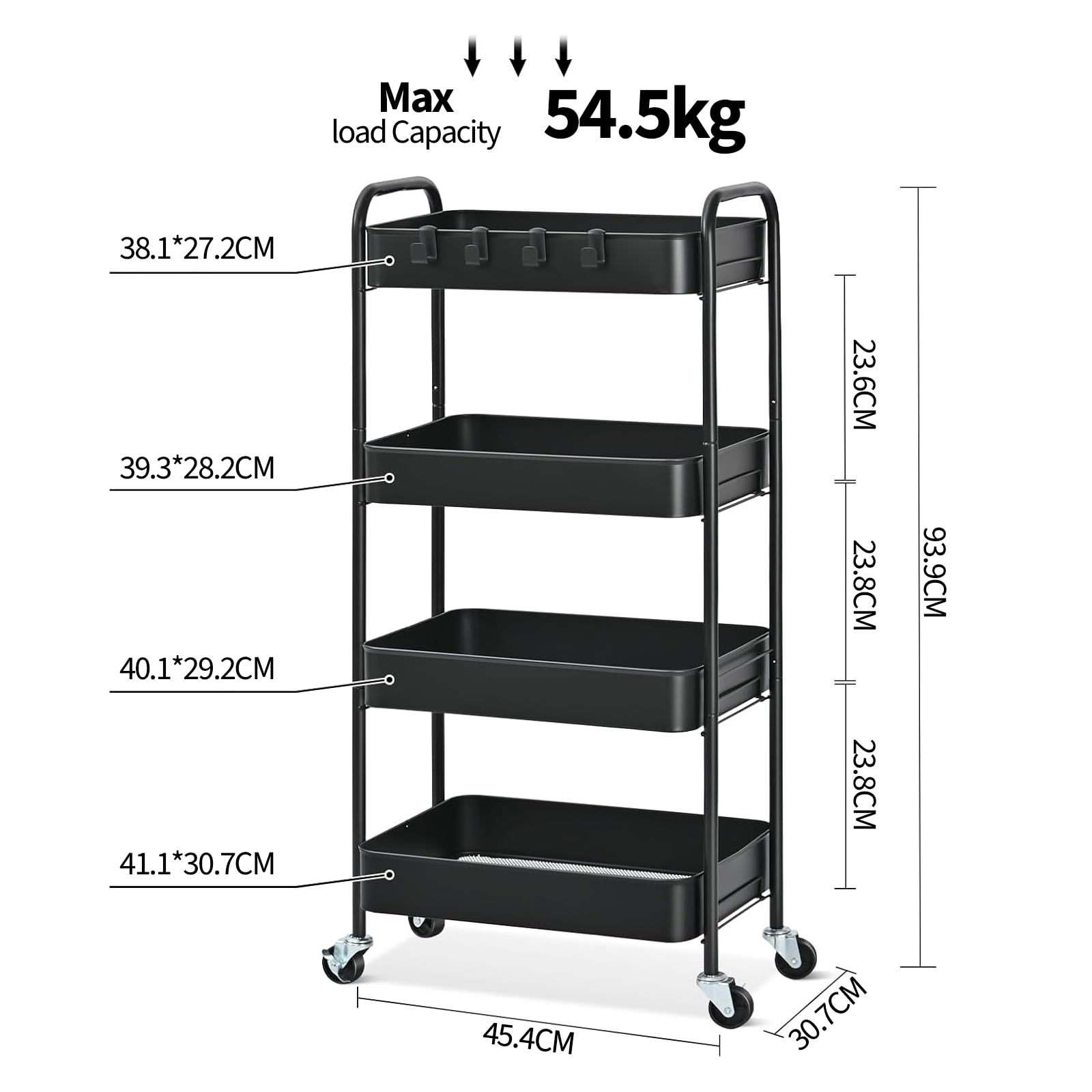 KINGRACK 4-Tier Metal Rolling Utility Cart with Wheels and Hooks – Black