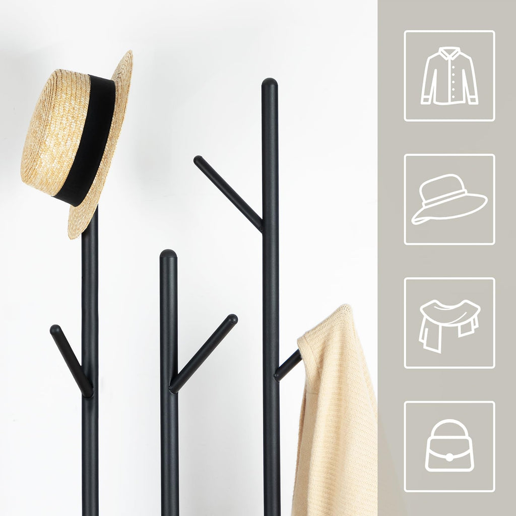 HOOBRO Freestanding Coat Rack with 8 Hooks and 2 Shelves – Rustic Brown