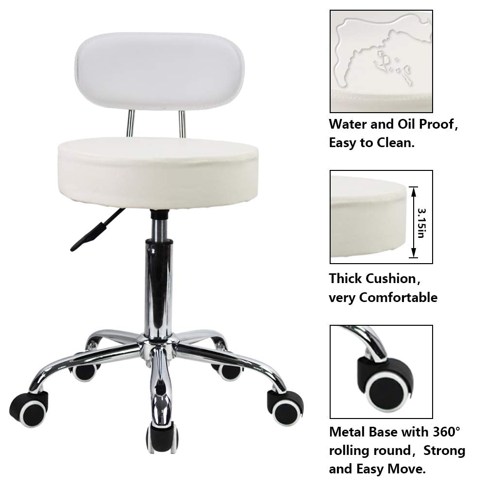 KKTONER PU Leather Rolling Stool - Adjustable Swivel Task Chair, White