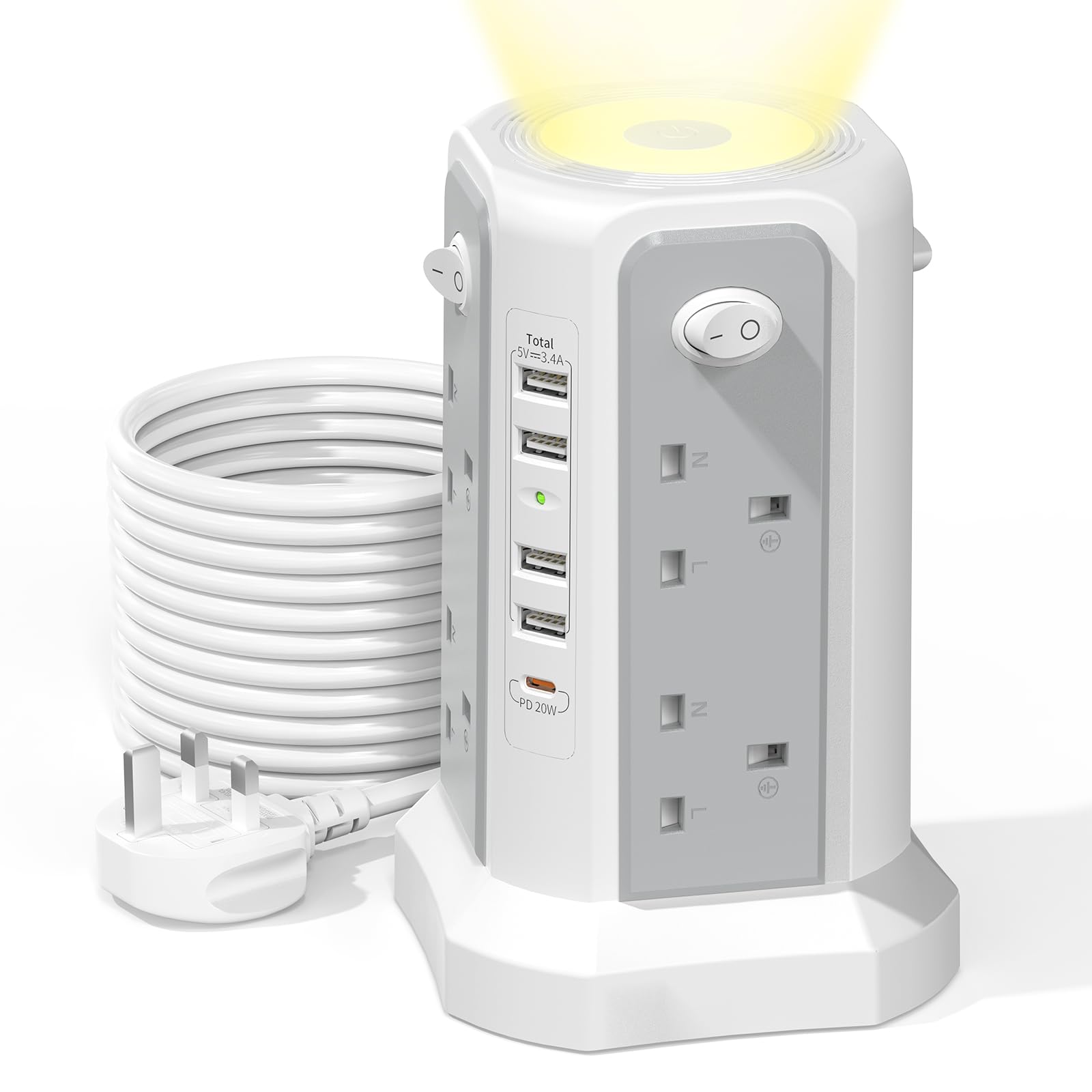Jolof Store 8-Way Tower Extension Lead with PD20W USB C & Night Light