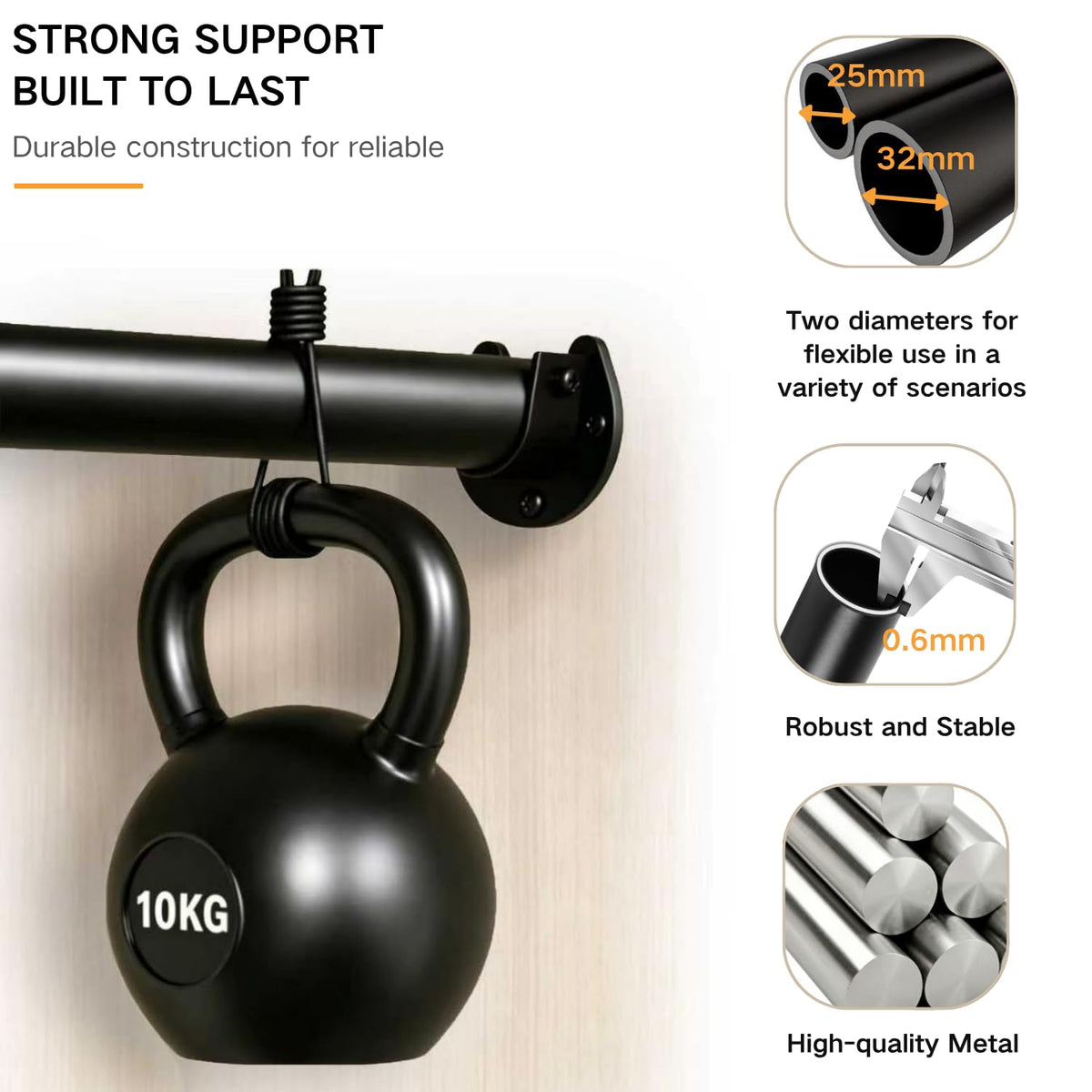 Wardrobe Rail Extendable Clothes Rail Heavy Duty 32mm Adjustable Wardrobe Pole and Fittings with Brackets Black 68-110cm - image 2