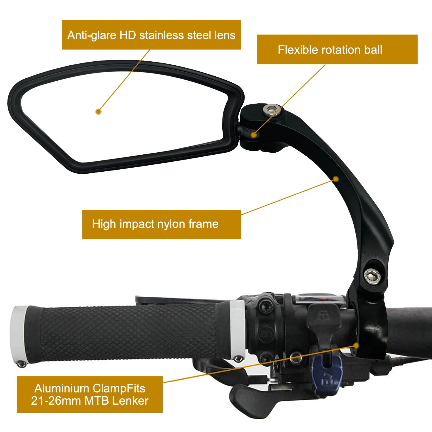 Arkham HD Stainless Steel Bicycle Rearview Mirror for 21-26mm Handlebars