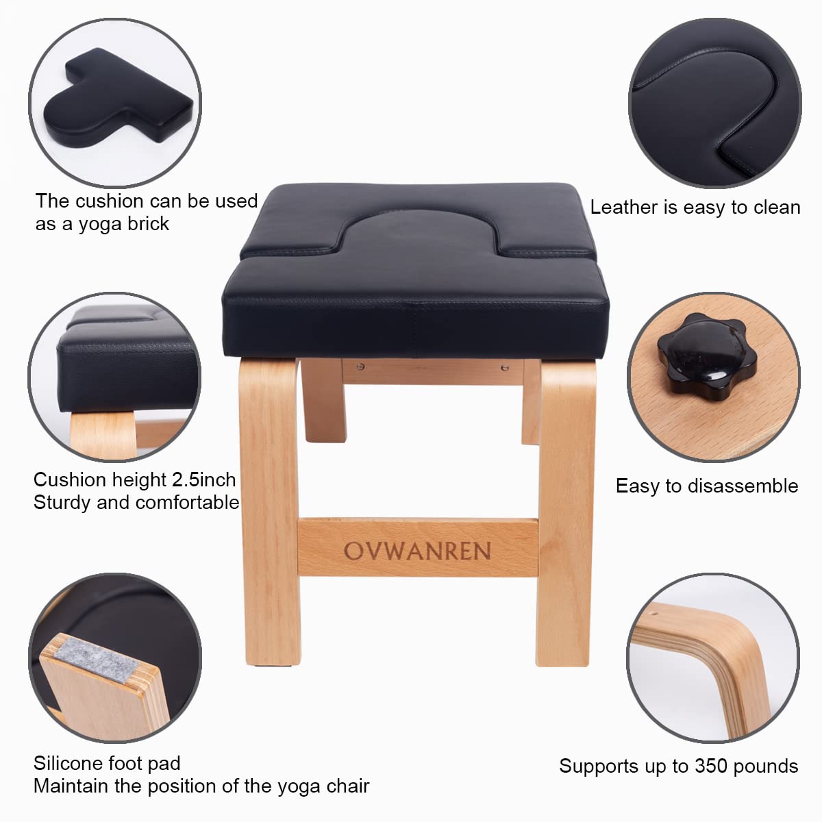 ovwanren Yoga Headstand Bench - Wood Inversion Chair with PU Pads, Black
