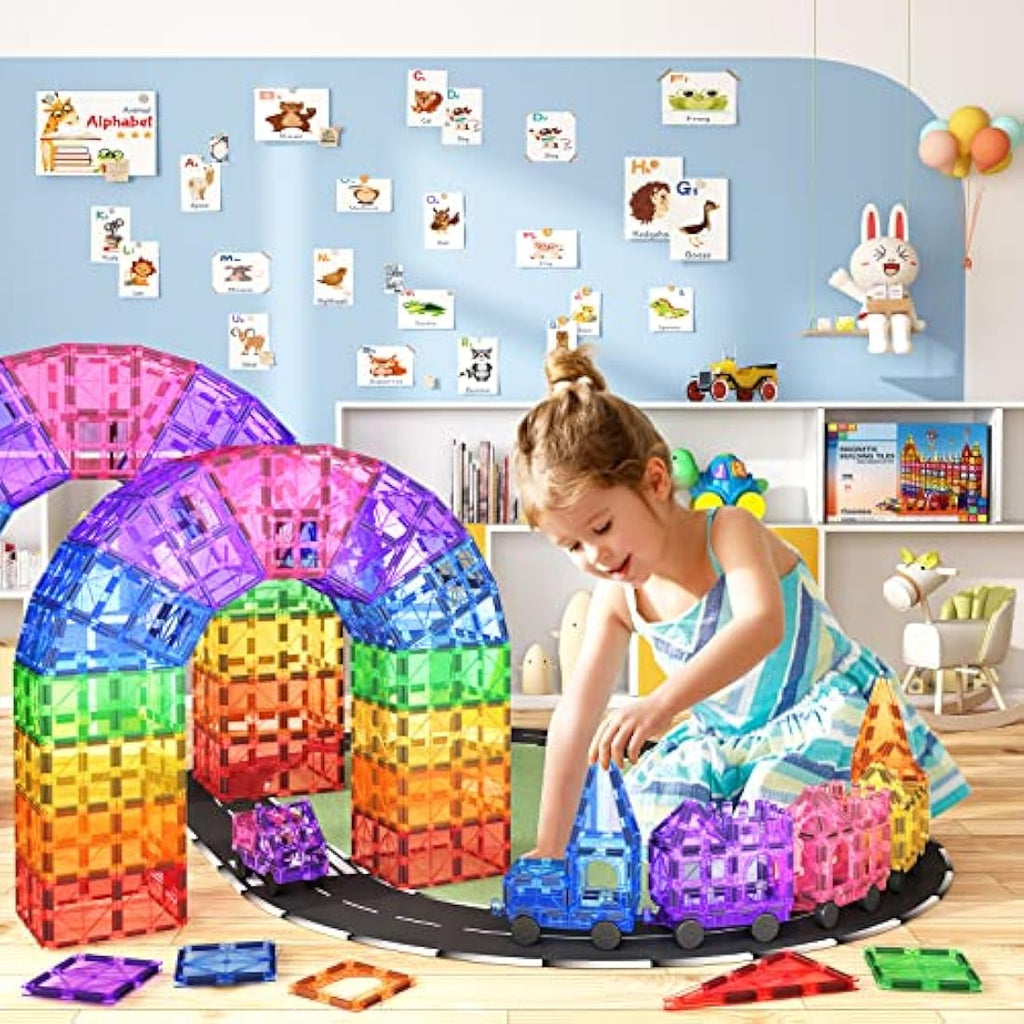 Jolof Store 100PCS Magnetic Tiles STEM Building Set with 2 Cars