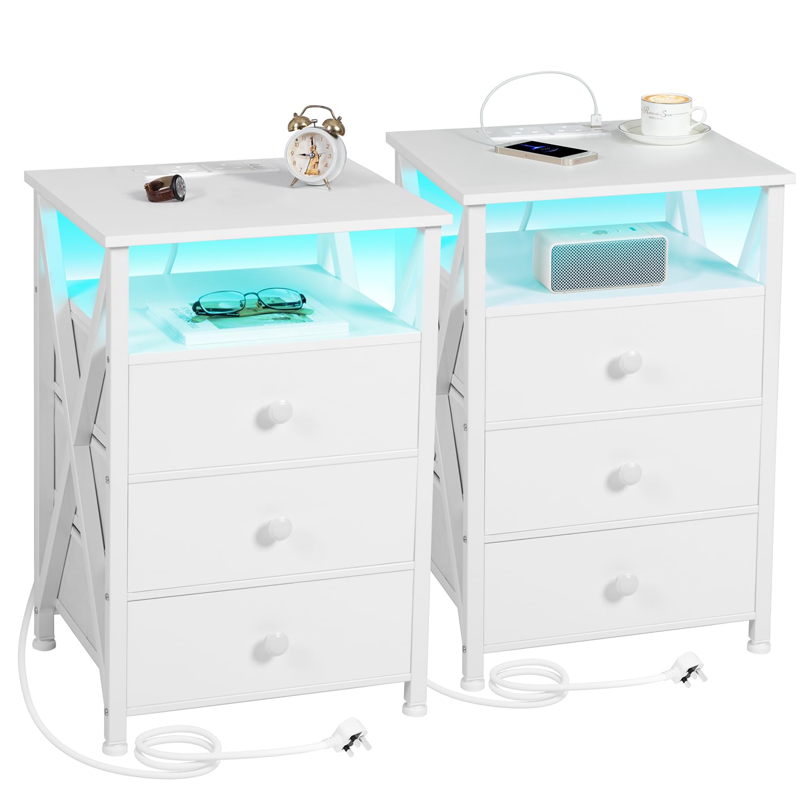 AMHANCIBLE Bedside Table Set of 2 with Charging Station and LED Lights