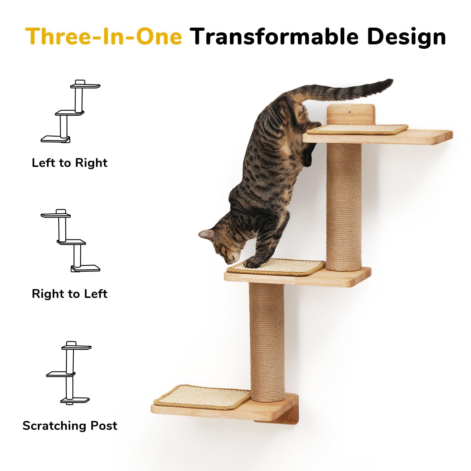 FUKUMARU Wall Mounted Cat Climbing Shelf | Rubber Wood Stair with Jute Post