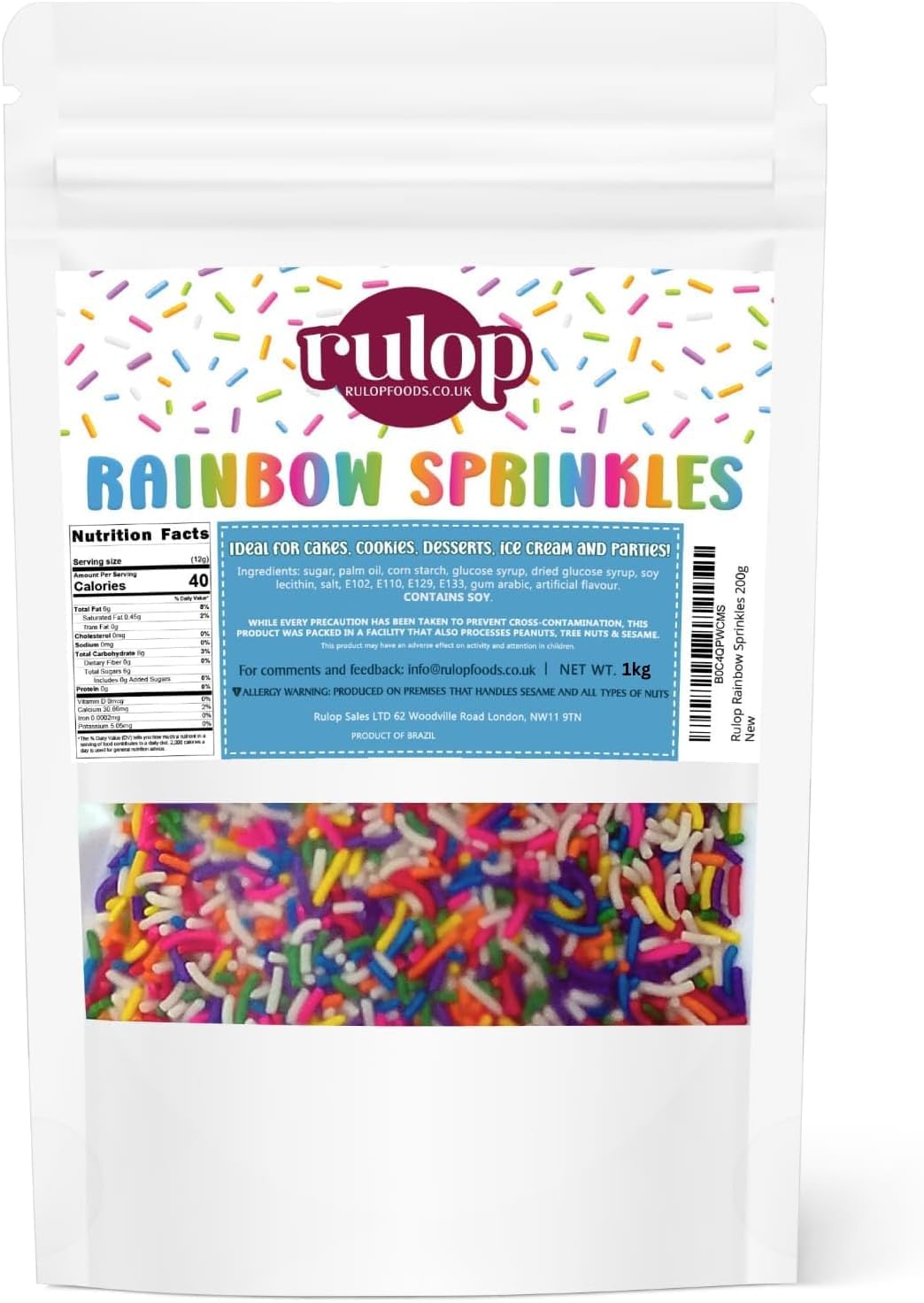 Rulop Rainbow Sprinkles – Dairy Free Colorful Sugar Strands, 1kg