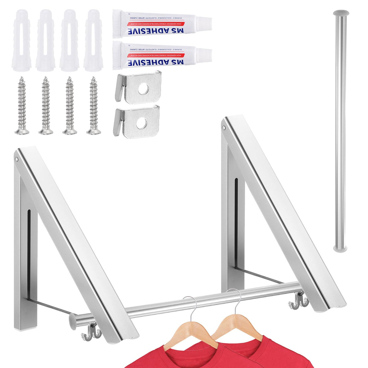 sourcing map 2pcs Retractable Clothes Rack for Laundry, Aluminum Clothes Drying Rack Wall Mounted with 80cm/31 Rod - image 1