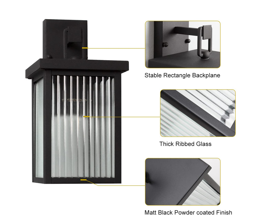 DAWALIGHT Outdoor Wall Lantern – Matte Black Metal & Ribbed Glass Sconce