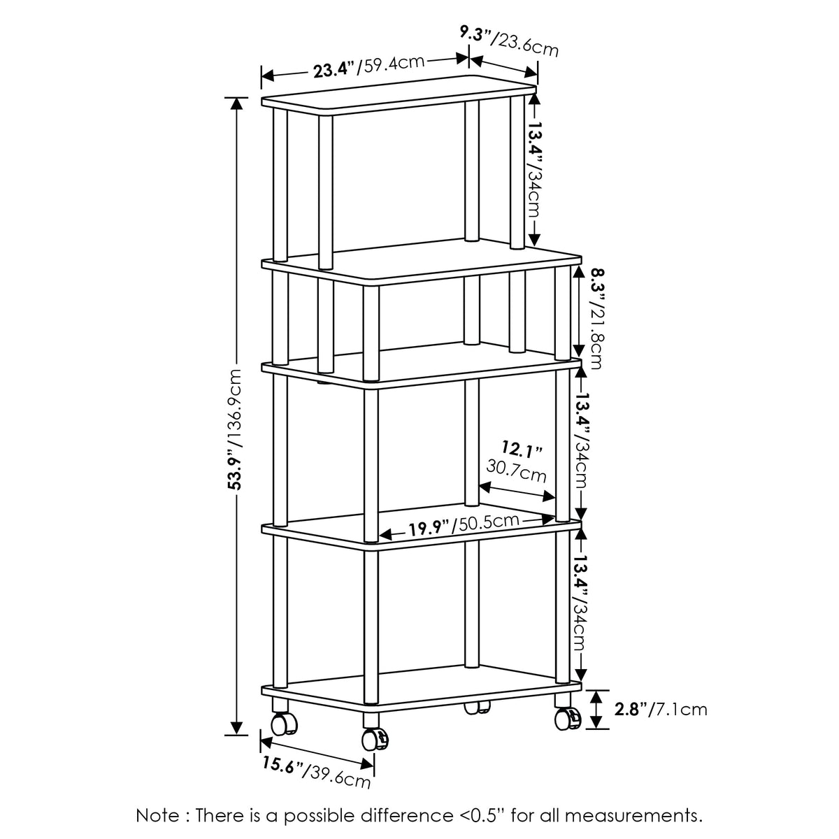 Furinno TURN-N-TUBE Bakers Rack with Wheels, 5-Tier Kitchen Storage Cart, Kitchen Cart, Coffee Bar, Pantry Organizers and Storage, Americano - image 2