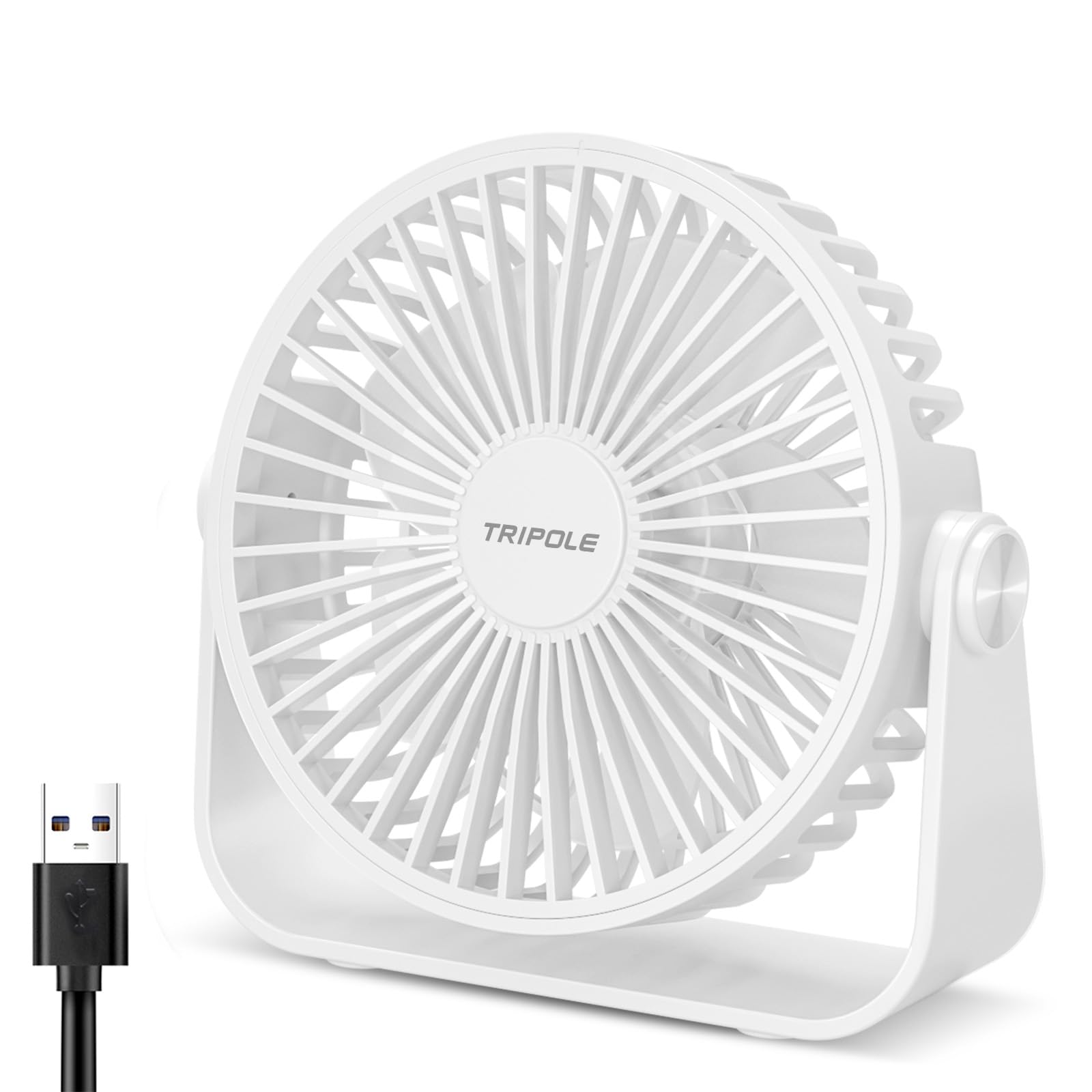 TriPole USB Desk Fan – 4.5 Inch Portable Table Fan with 3 Speeds, White